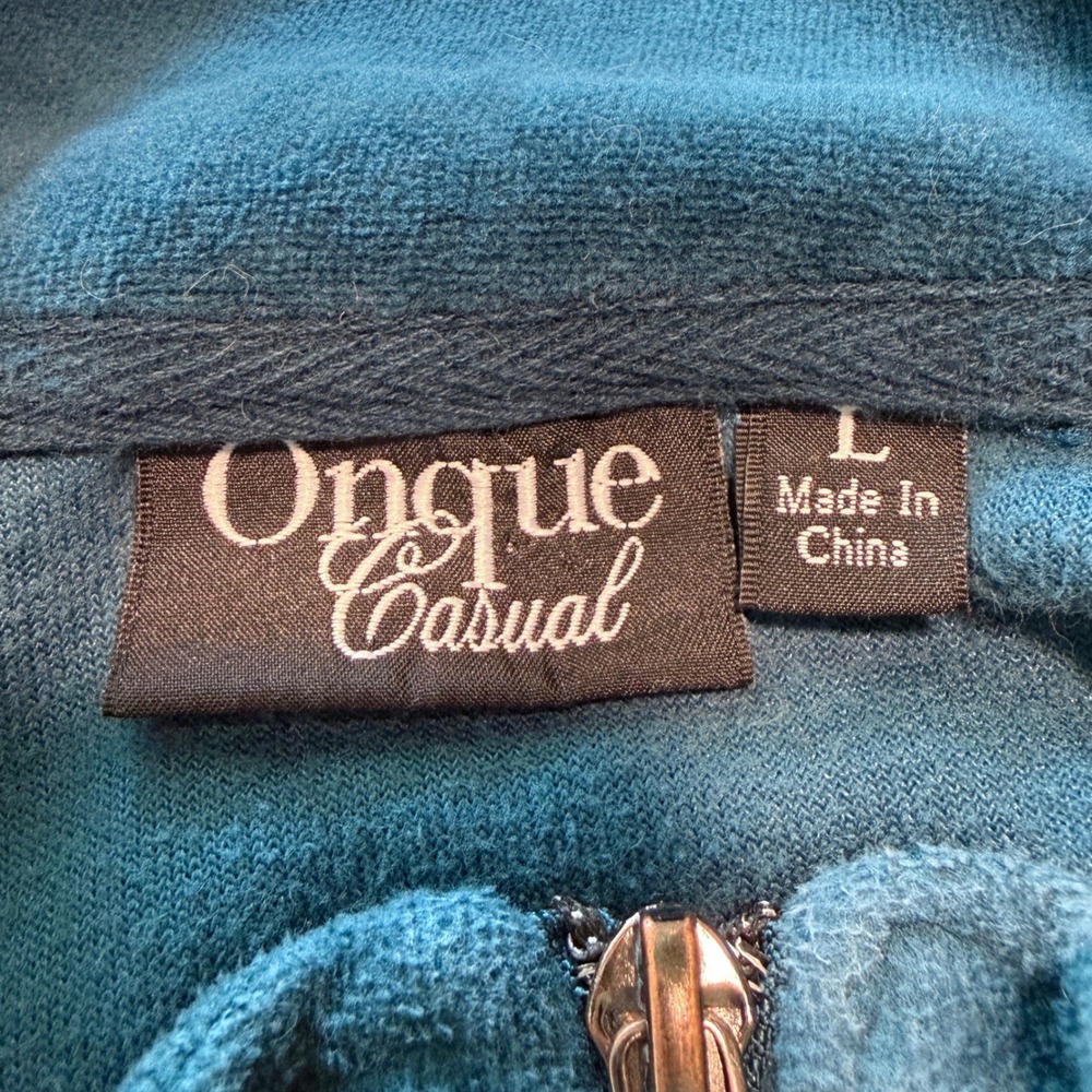 Vtg Onque Casual Teal Blue Velour Zip Up Jacket L Rhinestone Quilted 90s Y2K - Picture 2 of 10